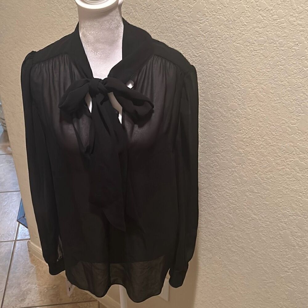 Patrizia Pepe Women's 44 Camicia Donna Long Sleeve Sheer Blouse Black Tie Neck